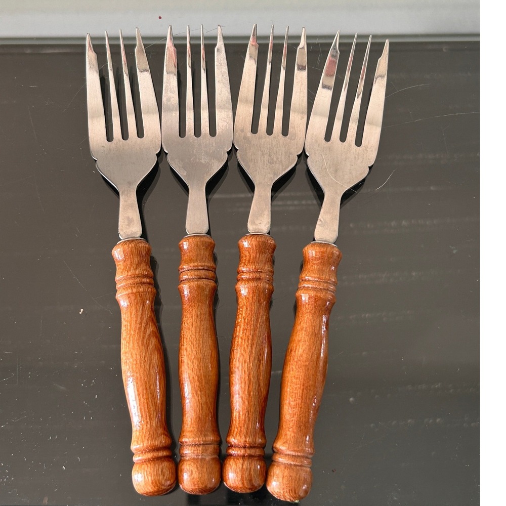 Vintage Stainless Taiwan Wood Handle Forks Set of 4 Mid Century Modern Flatware